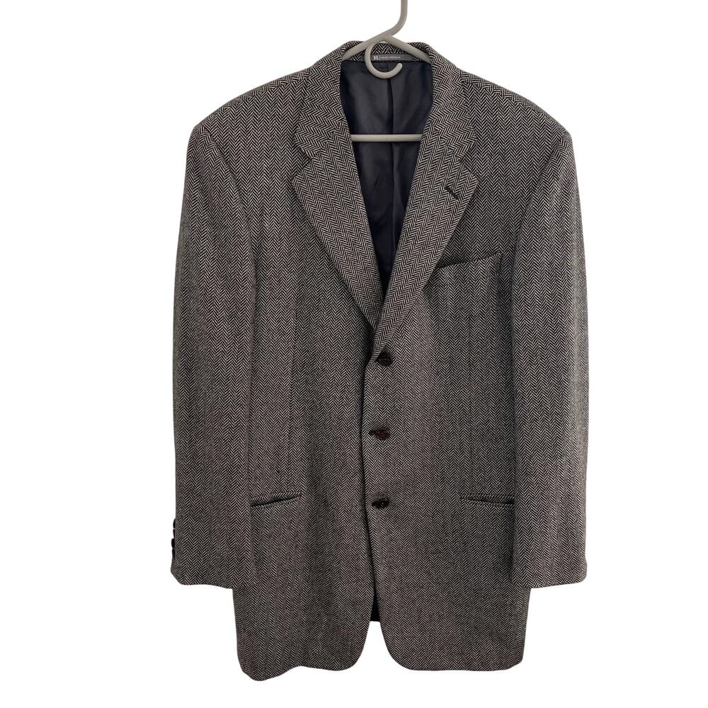 Hickey Freeman Pure Cashmere Blazer 42L Herringbone Black White Preppy Classic